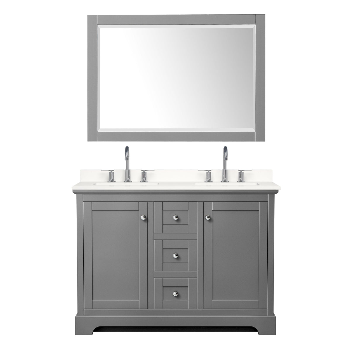 Wyndham Collection Avery 48" Double Bathroom Vanity in Dark Gray, White Quartz Countertop, Undermount Square Sinks (3-Hole), Polished Chrome Trim and 46" Mirror