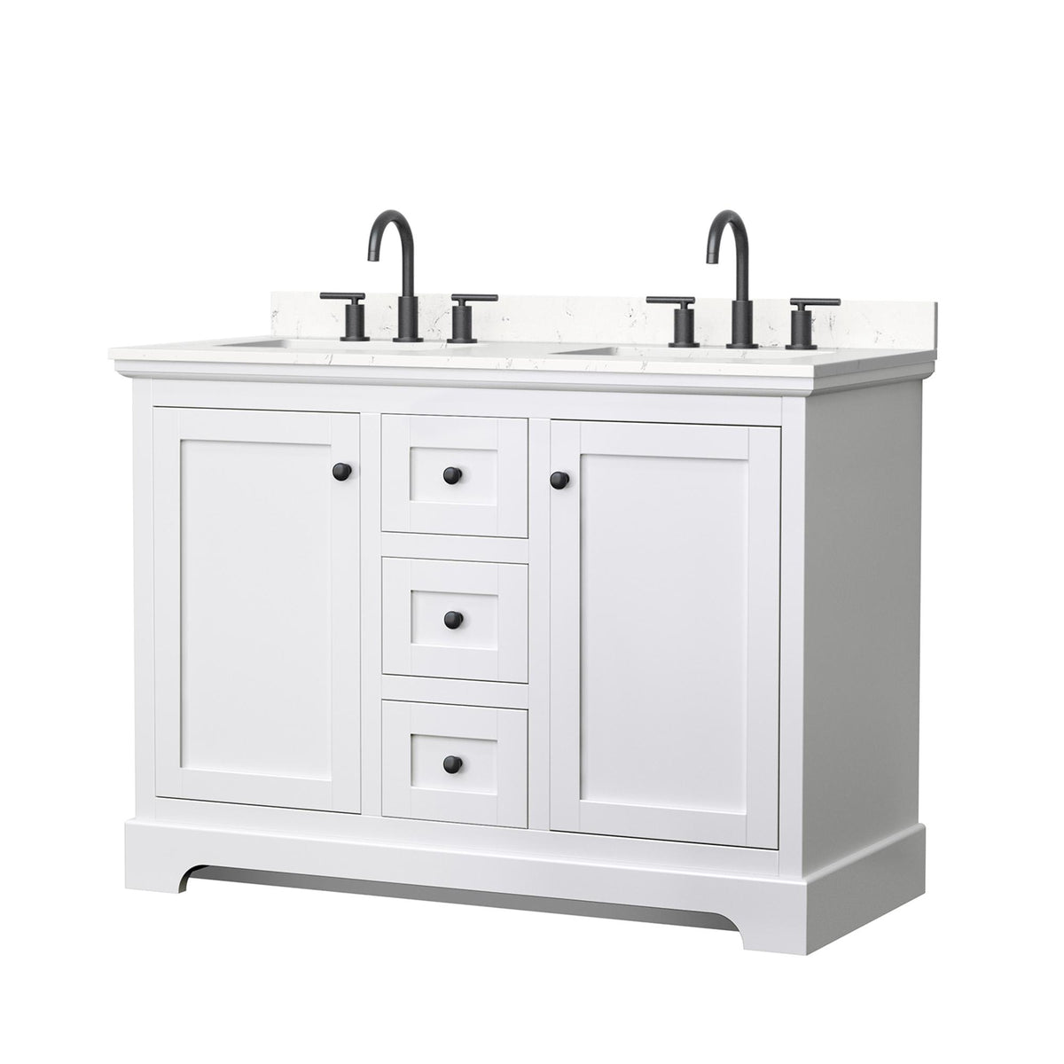 Wyndham Collection Avery 48" Double Bathroom Vanity in White, Carrara Cultured Marble Countertop, Undermount Square Sinks (3-Hole), Matte Black Trim