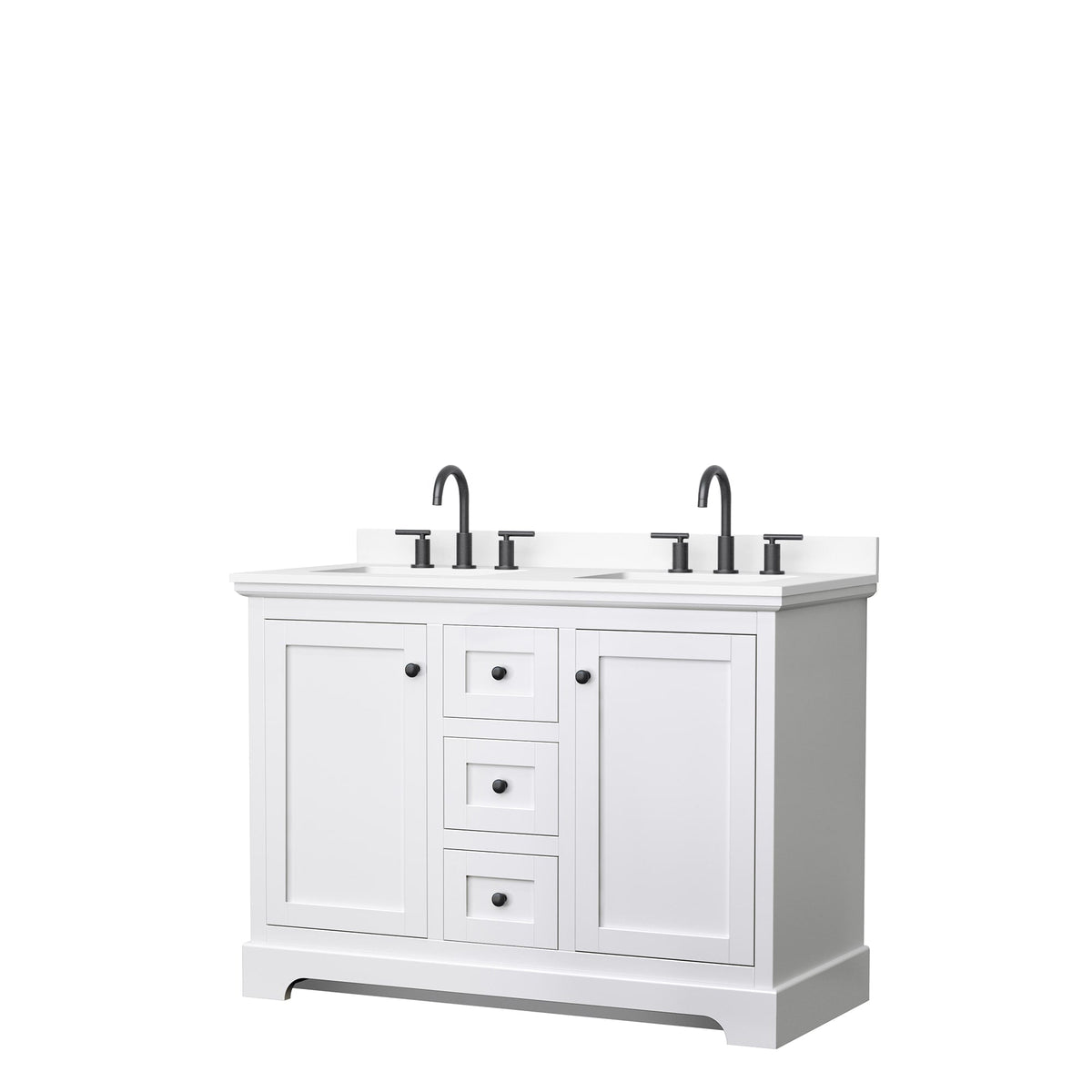 Wyndham Collection Avery 48" Double Bathroom Vanity in White, White Cultured Marble Countertop, Undermount Square Sinks (3-Hole), Matte Black Trim and 46" Mirror