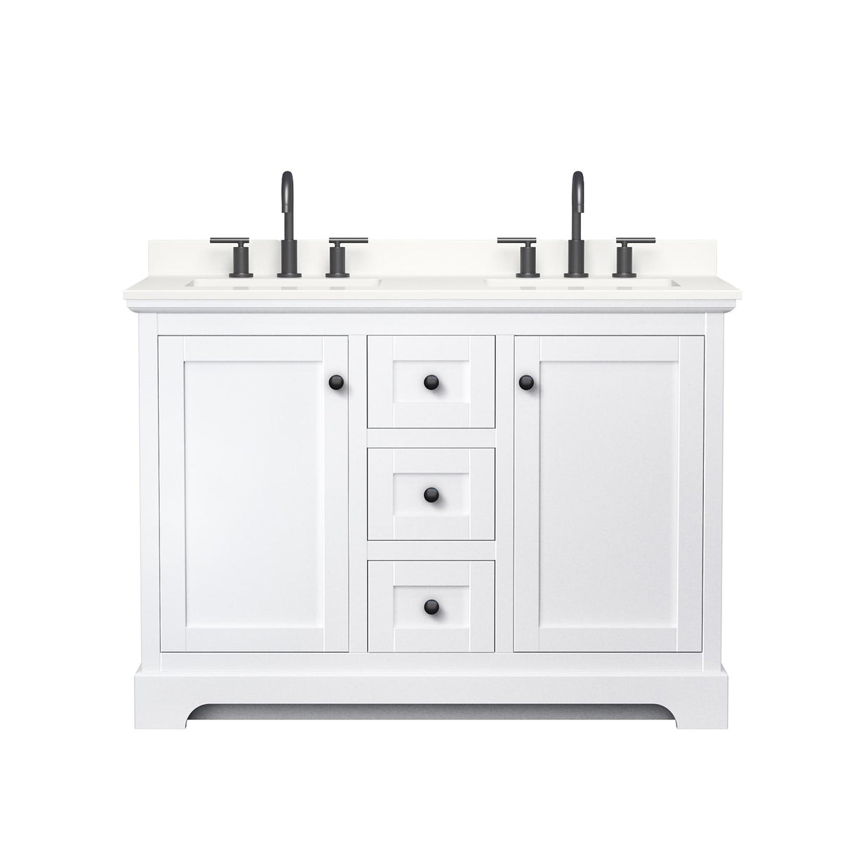 Wyndham Collection Avery 48" Double Bathroom Vanity in White, White Quartz Countertop, Undermount Square Sinks (3-Hole), Matte Black Trim
