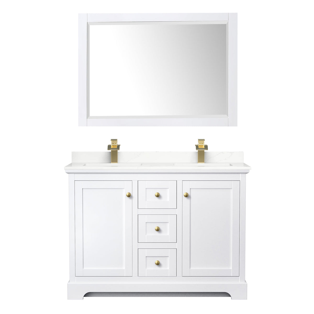 Wyndham Collection Avery 48" Double Bathroom Vanity in White, Giotto Quartz Countertop, Undermount Square Sinks (1-Hole), Brushed Gold Trim and 46" Mirror