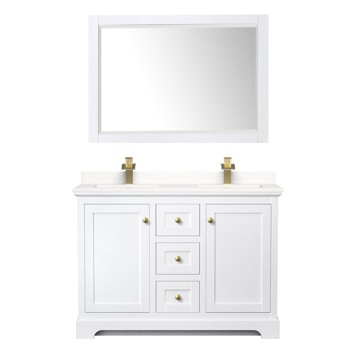 Wyndham Collection Avery 48" Double Bathroom Vanity in White, White Quartz Countertop, Undermount Square Sinks (1-Hole), Brushed Gold Trim and 46" Mirror
