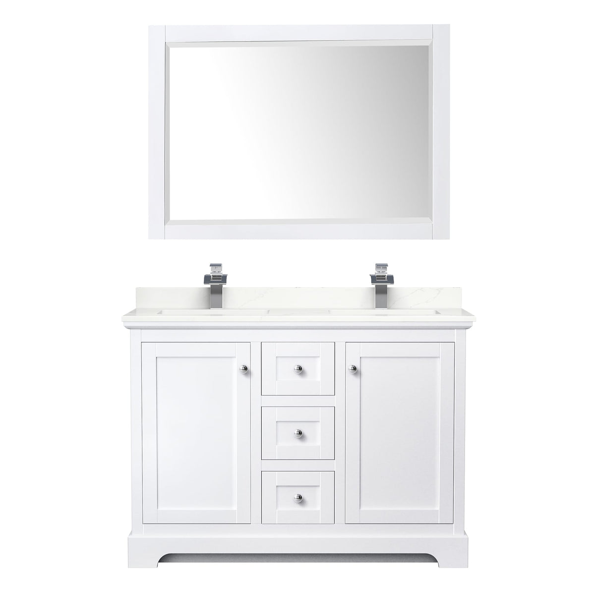 Wyndham Collection Avery 48" Double Bathroom Vanity in White, Giotto Quartz Countertop, Undermount Square Sinks (1-Hole), Polished Chrome Trim and 46" Mirror