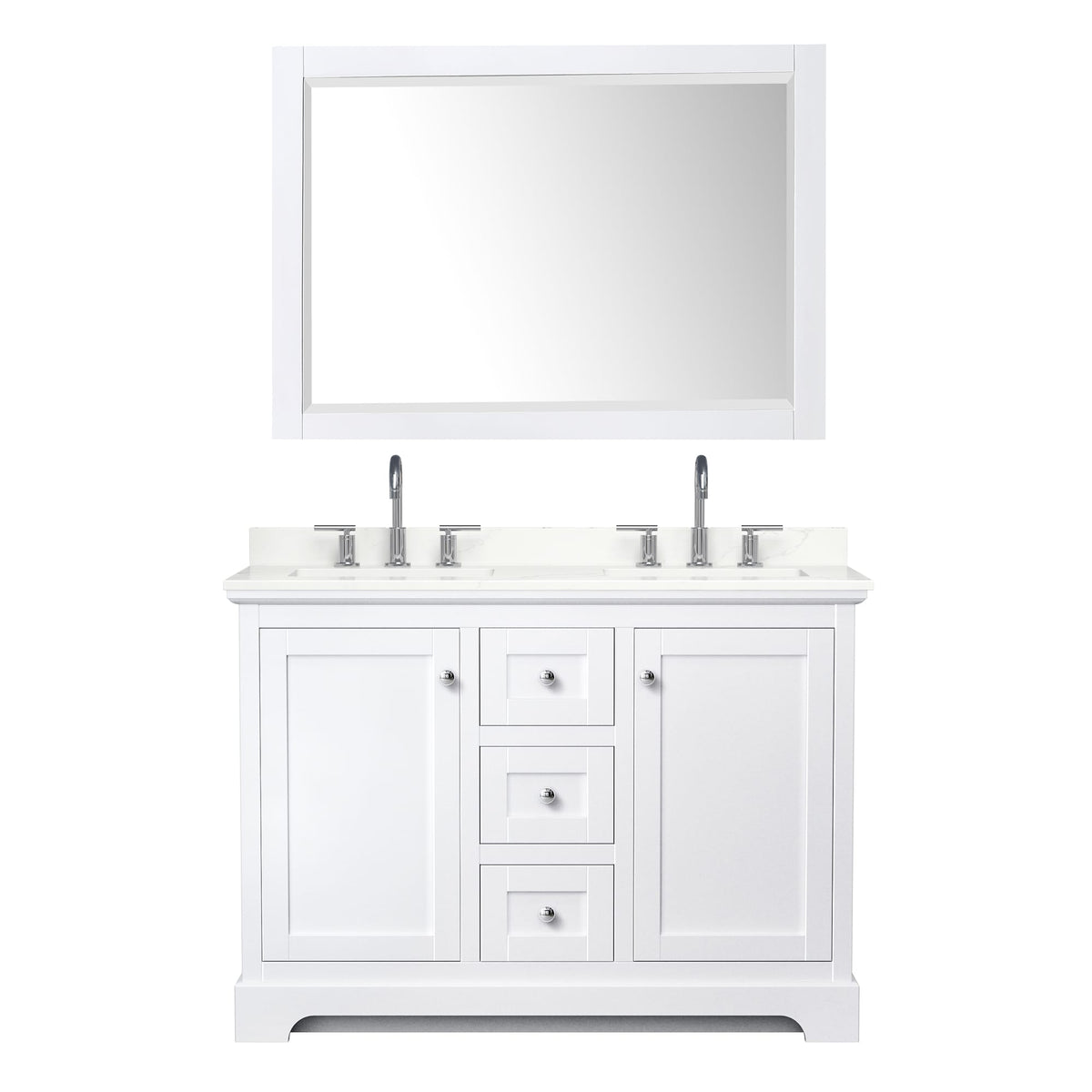 Wyndham Collection Avery 48" Double Bathroom Vanity in White, Giotto Quartz Countertop, Undermount Square Sinks (3-Hole), Polished Chrome Trim and 46" Mirror