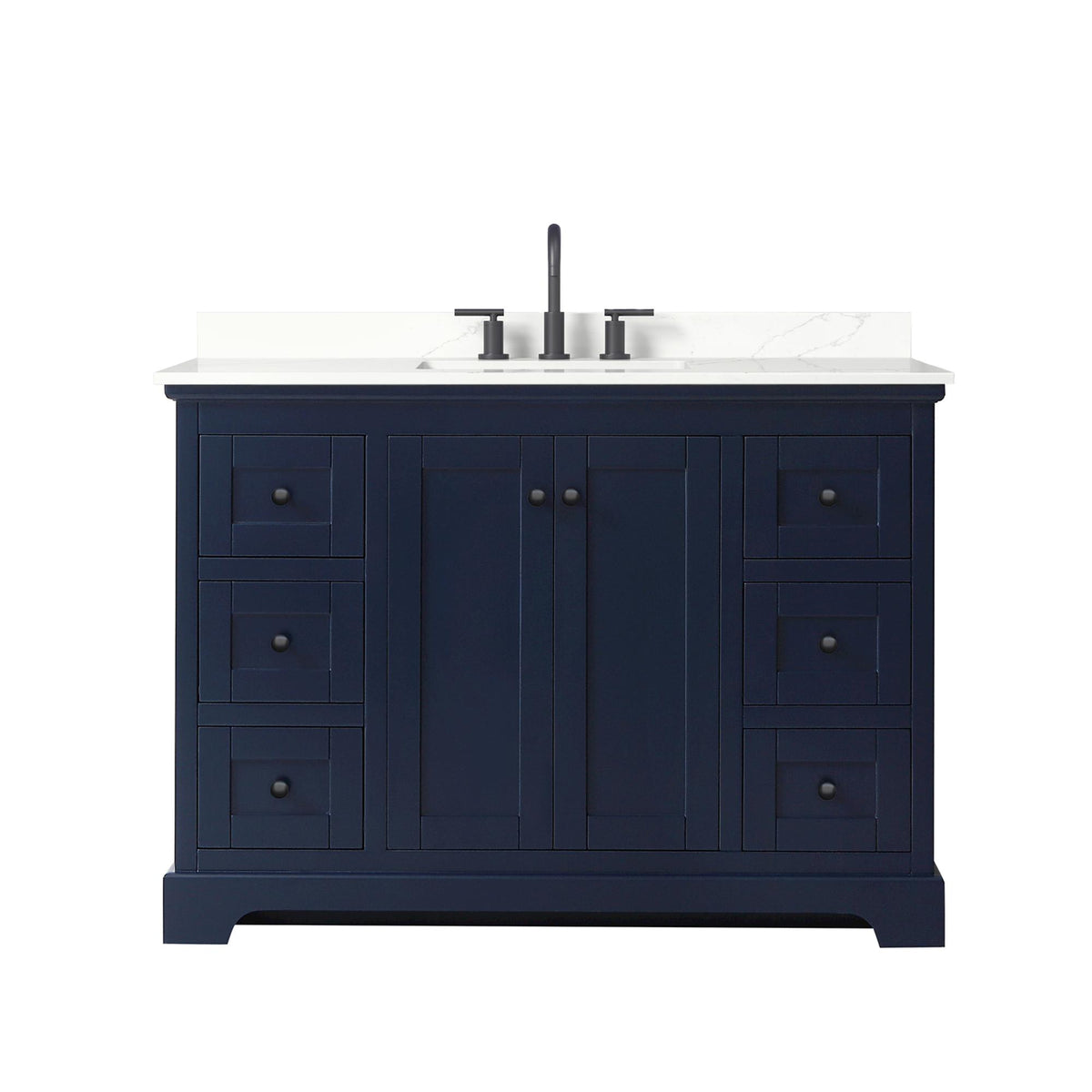 Wyndham Collection Avery 48" Single Bathroom Vanity in Dark Blue, Giotto Quartz Countertop, Undermount Square Sink (3-Hole), Matte Black Trim