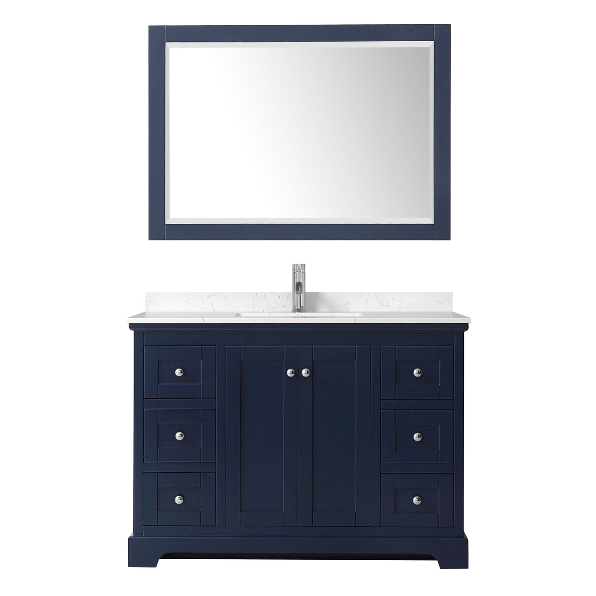 Wyndham Collection Avery 48" Single Bathroom Vanity in Dark Blue, Carrara Cultured Marble Countertop, Undermount Square Sink (1-Hole), Polished Chrome Trim and 46" Mirror