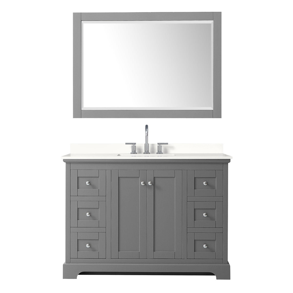 Wyndham Collection Avery 48" Single Bathroom Vanity in Dark Gray, White Quartz Countertop, Undermount Square Sink (3-Hole), Polished Chrome Trim and 46" Mirror
