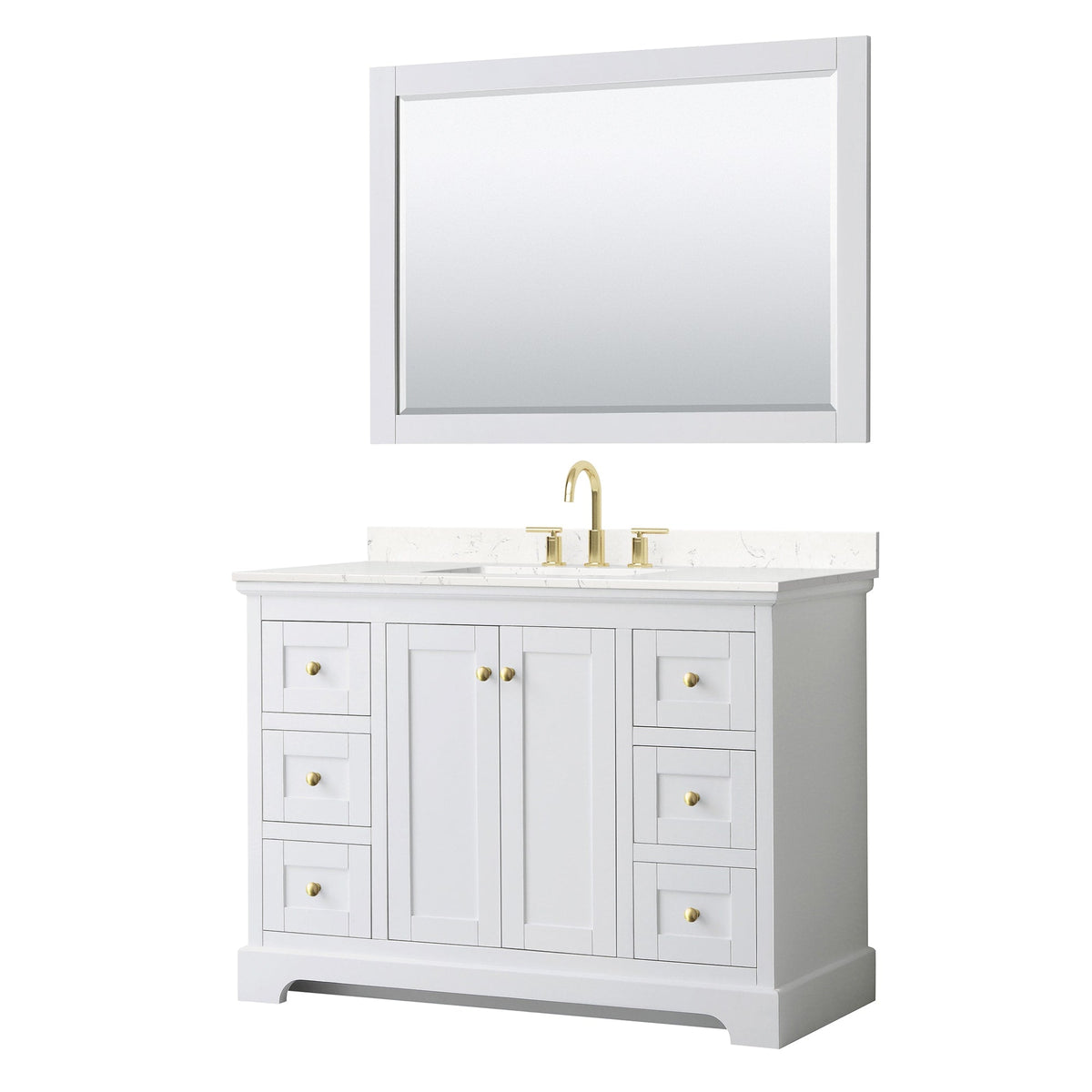Wyndham Collection Avery 48" Single Bathroom Vanity in White, Carrara Cultured Marble Countertop, Undermount Square Sink (3-Hole), 46" Mirror, Brushed Gold Trim