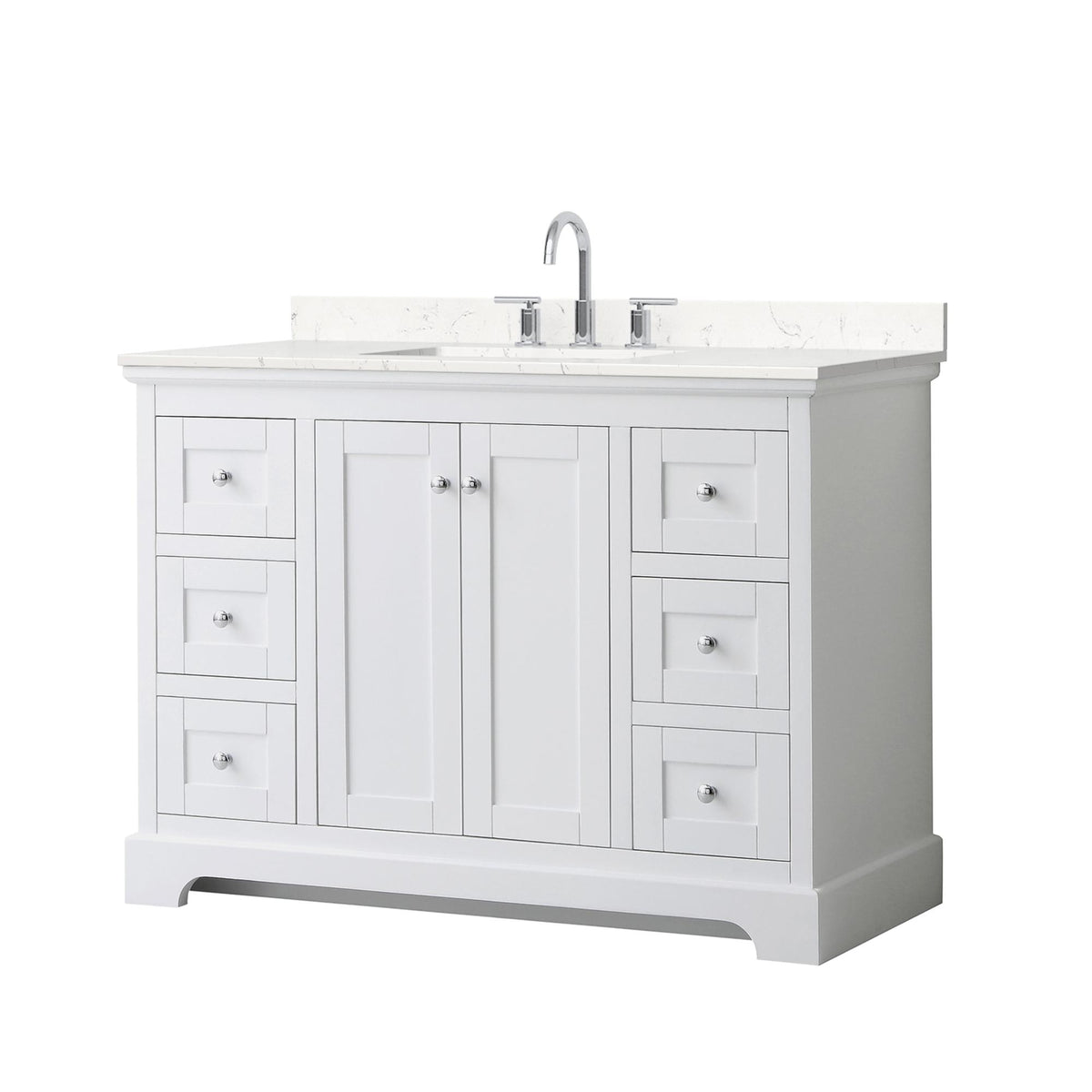 Wyndham Collection Avery 48" Single Bathroom Vanity in White, Carrara Cultured Marble Countertop, Undermount Square Sink (3-Hole), Polished Chrome Trim