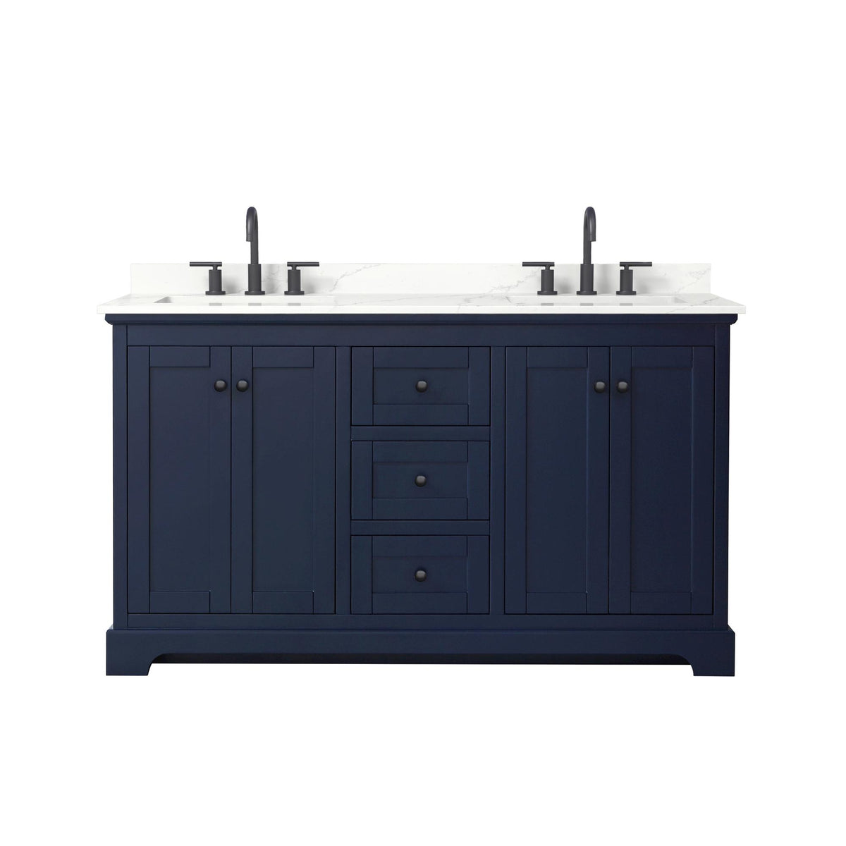 Wyndham Collection Avery 60" Double Bathroom Vanity in Dark Blue, Giotto Quartz Countertop, Undermount Square Sinks (3-Hole), Matte Black Trim