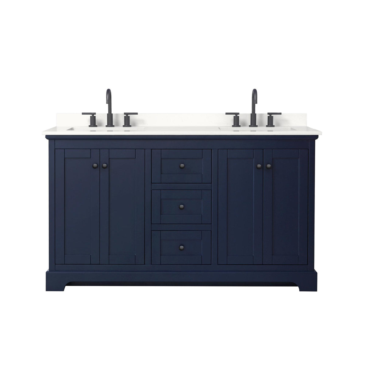 Wyndham Collection Avery 60" Double Bathroom Vanity in Dark Blue, White Quartz Countertop, Undermount Square Sinks (3-Hole), Matte Black Trim