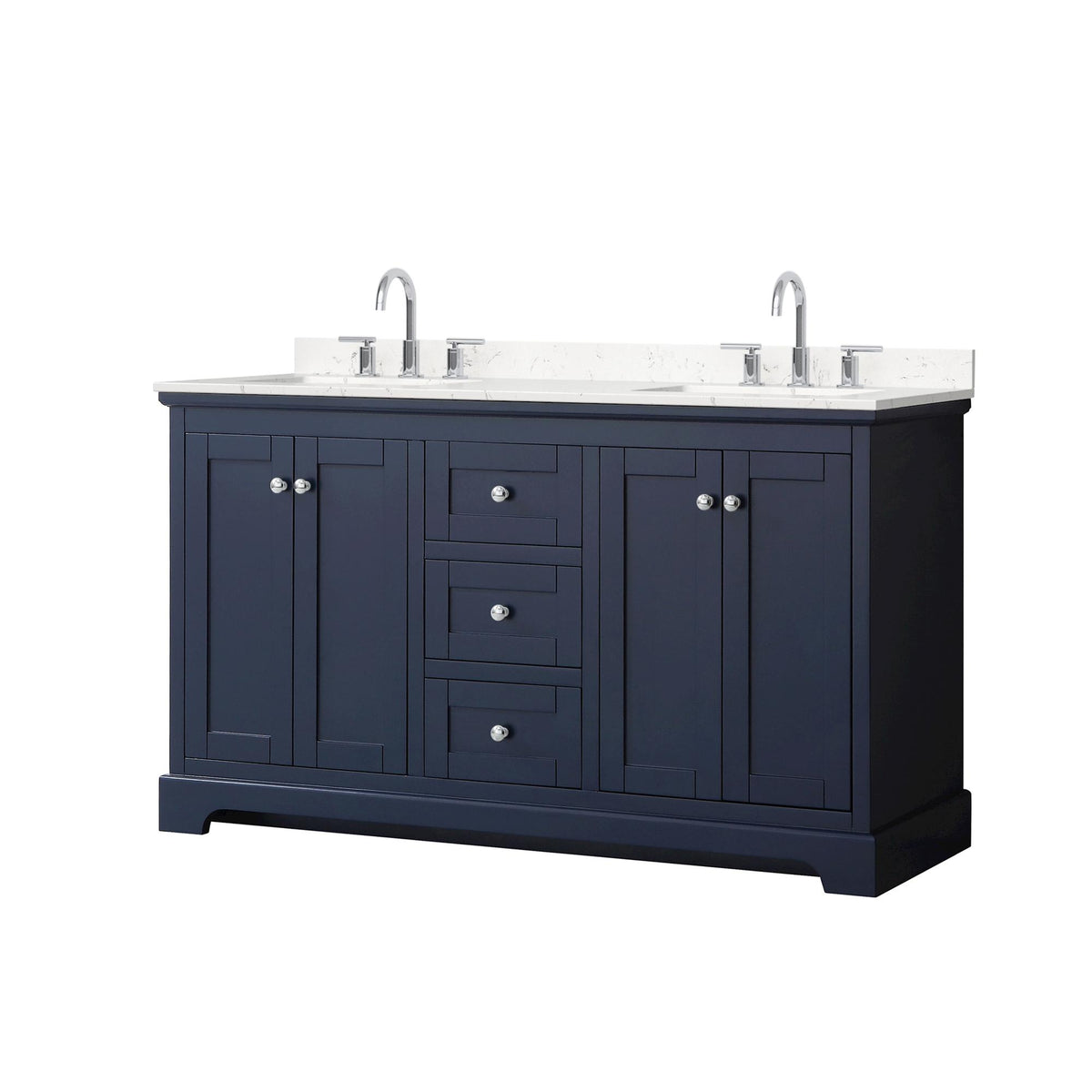 Wyndham Collection Avery 60" Double Bathroom Vanity in Dark Blue, Carrara Cultured Marble Countertop, Undermount Square Sinks (3-Hole), Polished Chrome Trim