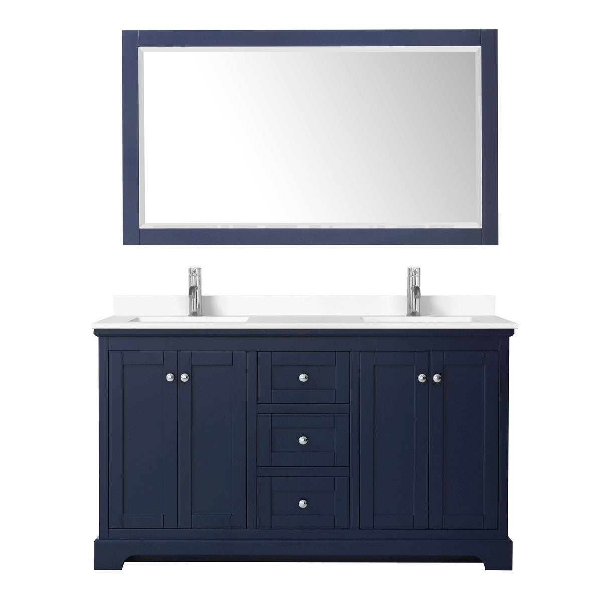 Wyndham Collection Avery 60" Double Bathroom Vanity in Dark Blue, White Cultured Marble Countertop, Undermount Square Sinks (1-Hole), Polished Chrome Trim and 58" Mirror