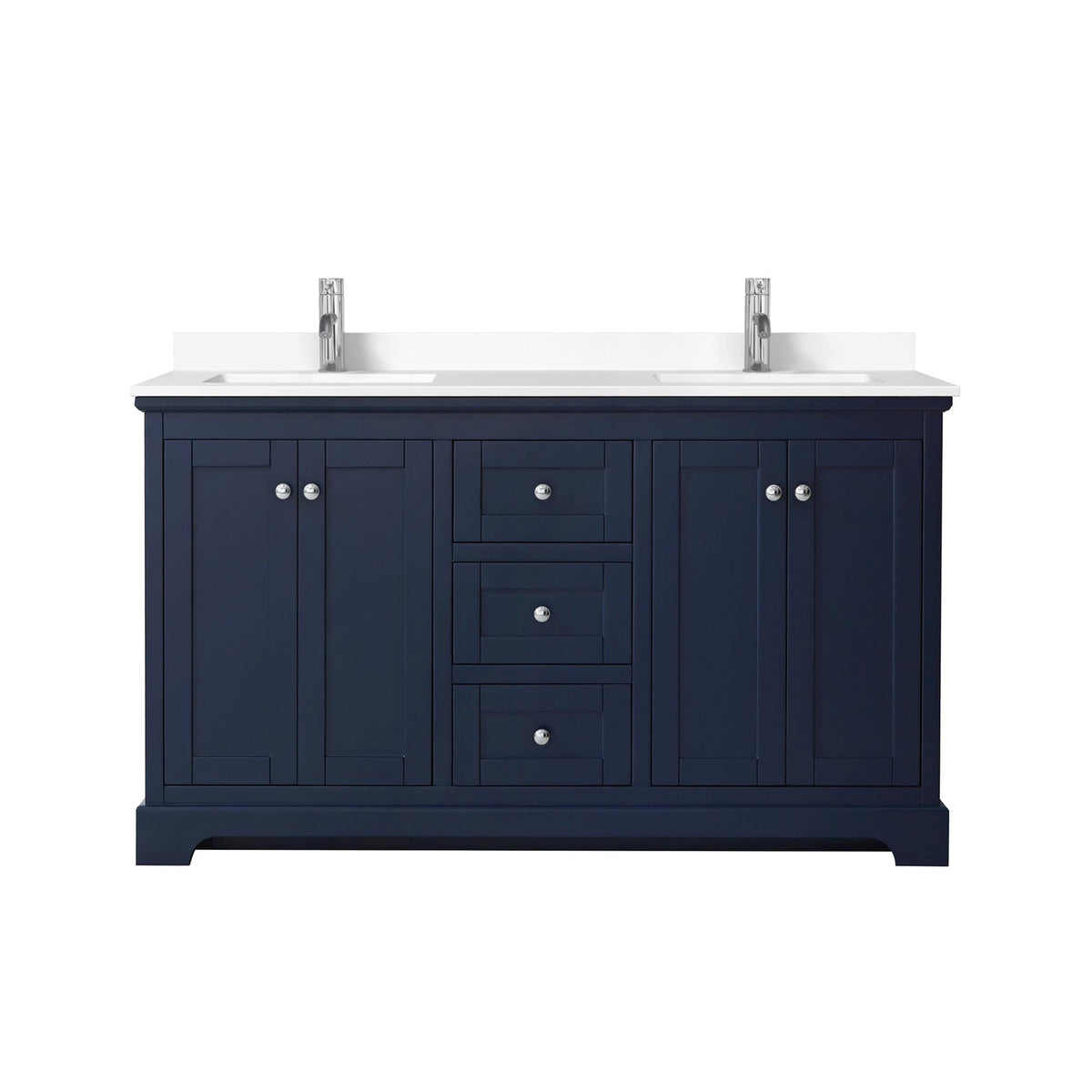 Wyndham Collection Avery 60" Double Bathroom Vanity in Dark Blue, White Cultured Marble Countertop, Undermount Square Sinks (1-Hole), Polished Chrome Trim