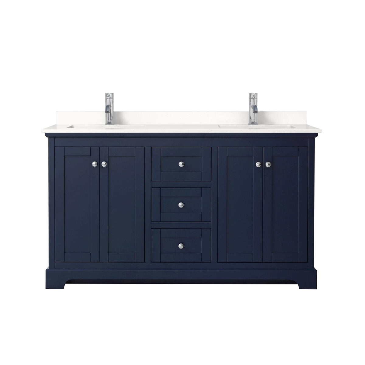 Wyndham Collection Avery 60" Double Bathroom Vanity in Dark Blue, White Quartz Countertop, Undermount Square Sinks (1-Hole), Polished Chrome Trim