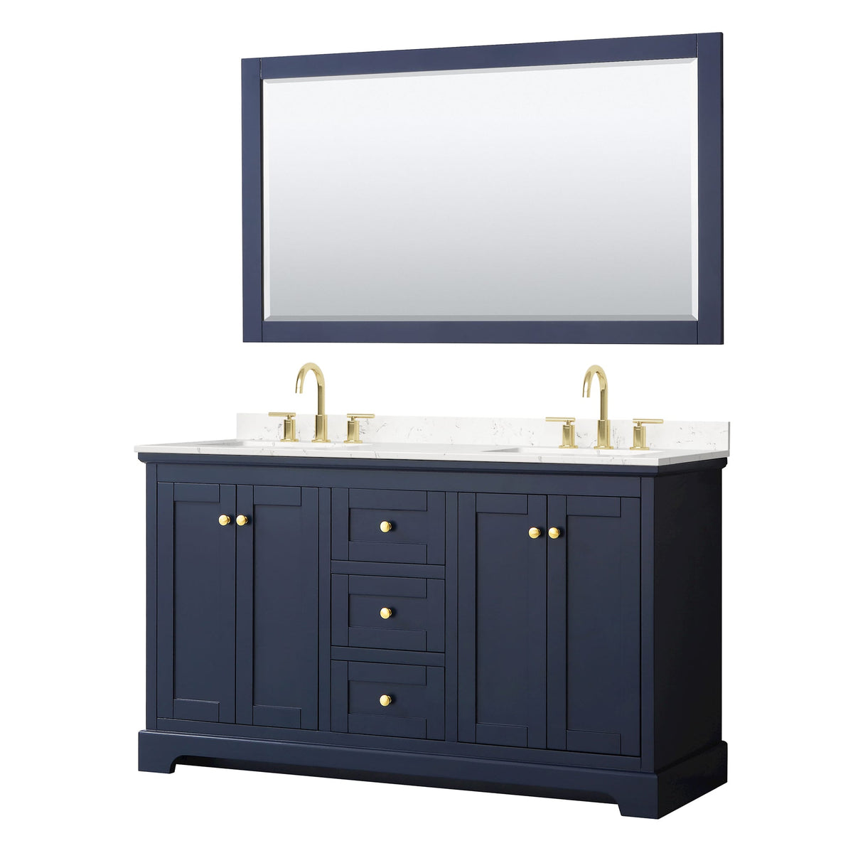 Wyndham Collection Avery 60" Double Bathroom Vanity in Dark Blue, Carrara Cultured Marble Countertop, Undermount Square Sinks (3-Hole), Brushed Gold Trim and 58" Mirror
