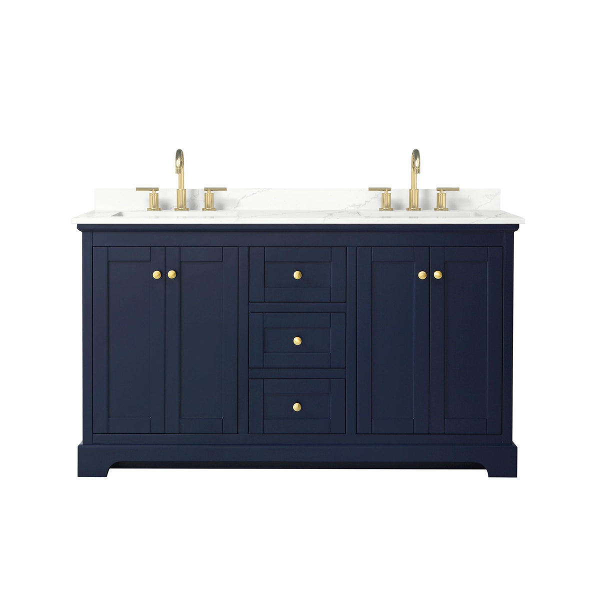 Wyndham Collection Avery 60" Double Bathroom Vanity in Dark Blue, Giotto Quartz Countertop, Undermount Square Sinks (3-Hole), Brushed Gold Trim