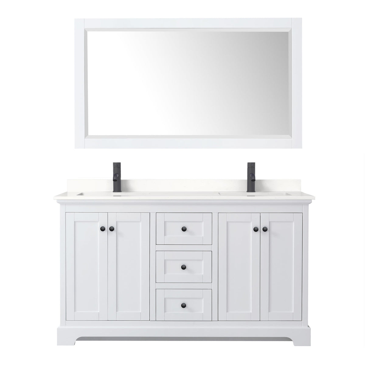 Wyndham Collection Avery 60" Double Bathroom Vanity in White, White Quartz Countertop, Undermount Square Sinks (1-Hole), Matte Black Trim and 58" Mirror