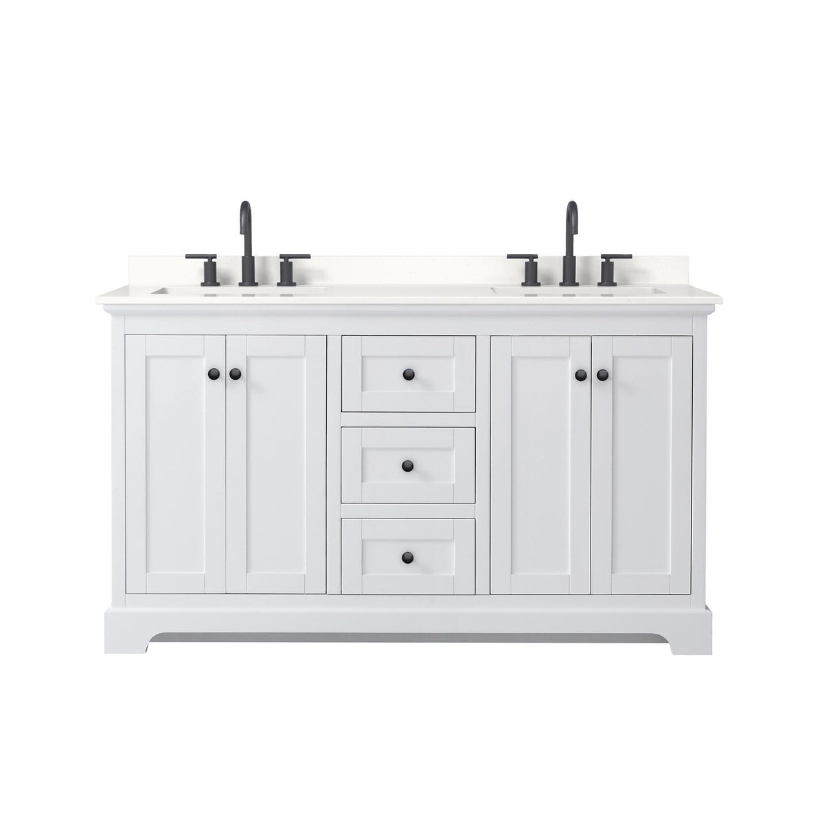 Wyndham Collection Avery 60" Double Bathroom Vanity in White, White Quartz Countertop, Undermount Square Sinks (3-Hole), Matte Black Trim
