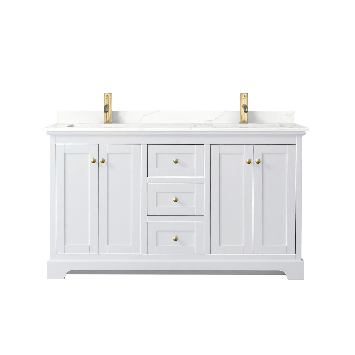 Wyndham Collection Avery 60" Double Bathroom Vanity in White, Giotto Quartz Countertop, Undermount Square Sinks (1-Hole), Brushed Gold Trim