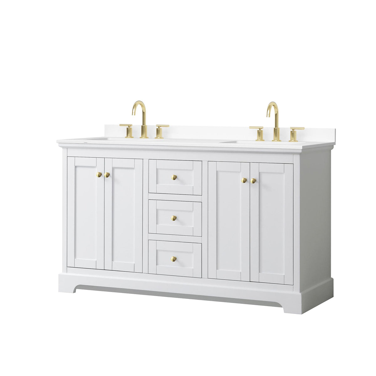 Wyndham Collection Avery 60" Double Bathroom Vanity in White, White Cultured Marble Countertop, Undermount Square Sinks (3-Hole), Brushed Gold Trim