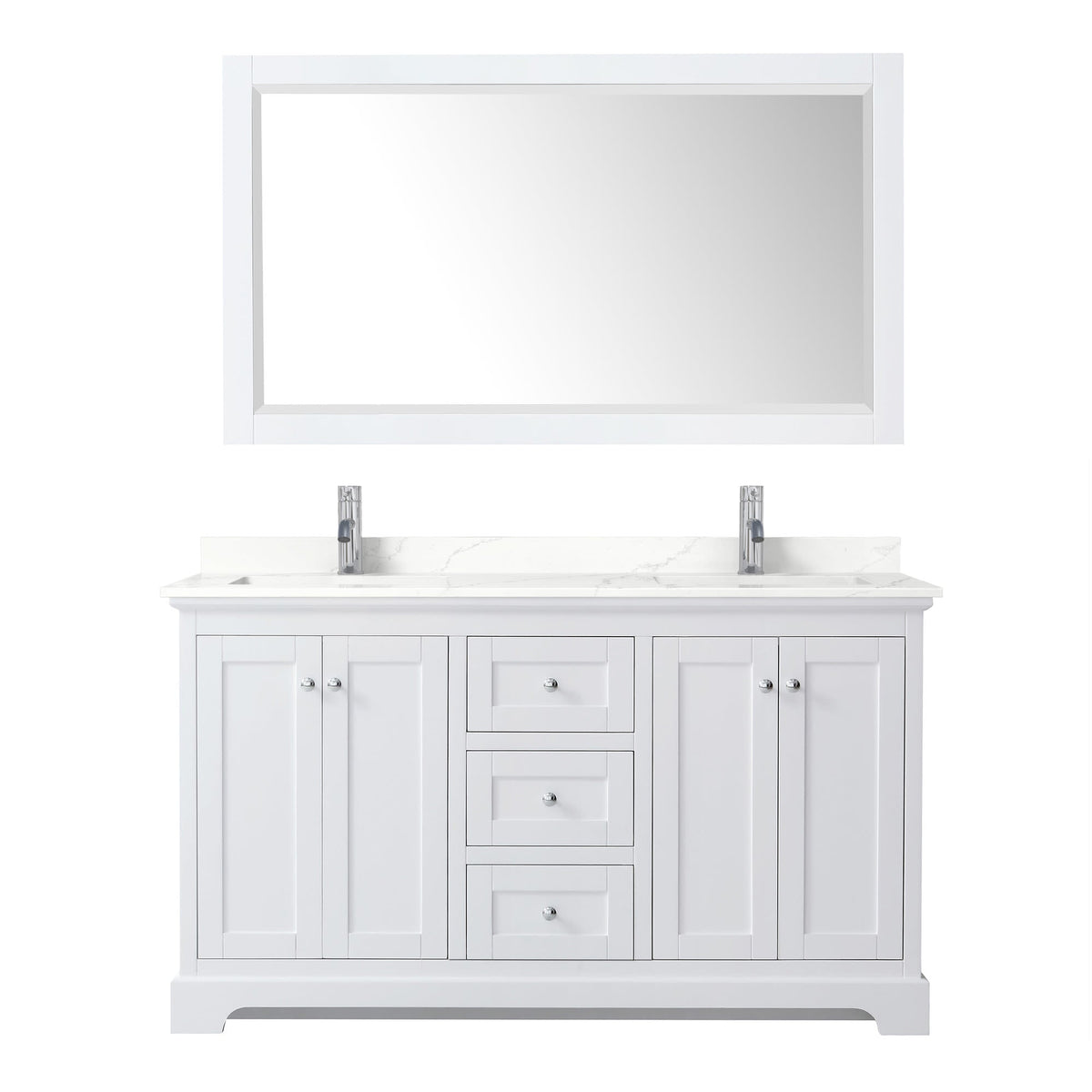 Wyndham Collection Avery 60" Double Bathroom Vanity in White, Giotto Quartz Countertop, Undermount Square Sinks (1-Hole), Polished Chrome Trim and 58" Mirror
