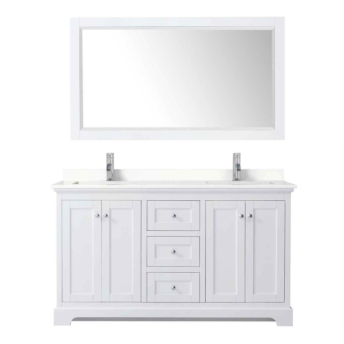 Wyndham Collection Avery 60" Double Bathroom Vanity in White, White Quartz Countertop, Undermount Square Sinks (1-Hole), Polished Chrome Trim and 58" Mirror