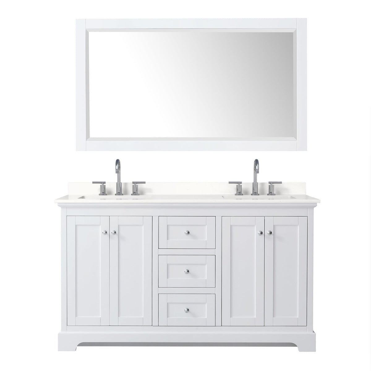 Wyndham Collection Avery 60" Double Bathroom Vanity in White, White Quartz Countertop, Undermount Square Sinks (3-Hole), Polished Chrome Trim and 58" Mirror