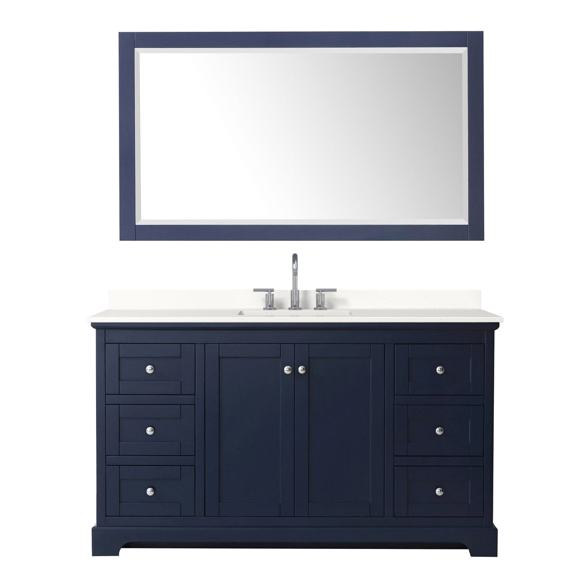 Wyndham Collection Avery 60" Single Bathroom Vanity in Dark Blue, White Quartz Countertop, Undermount Square Sink (3-Hole), Polished Chrome Trim and 58" Mirror
