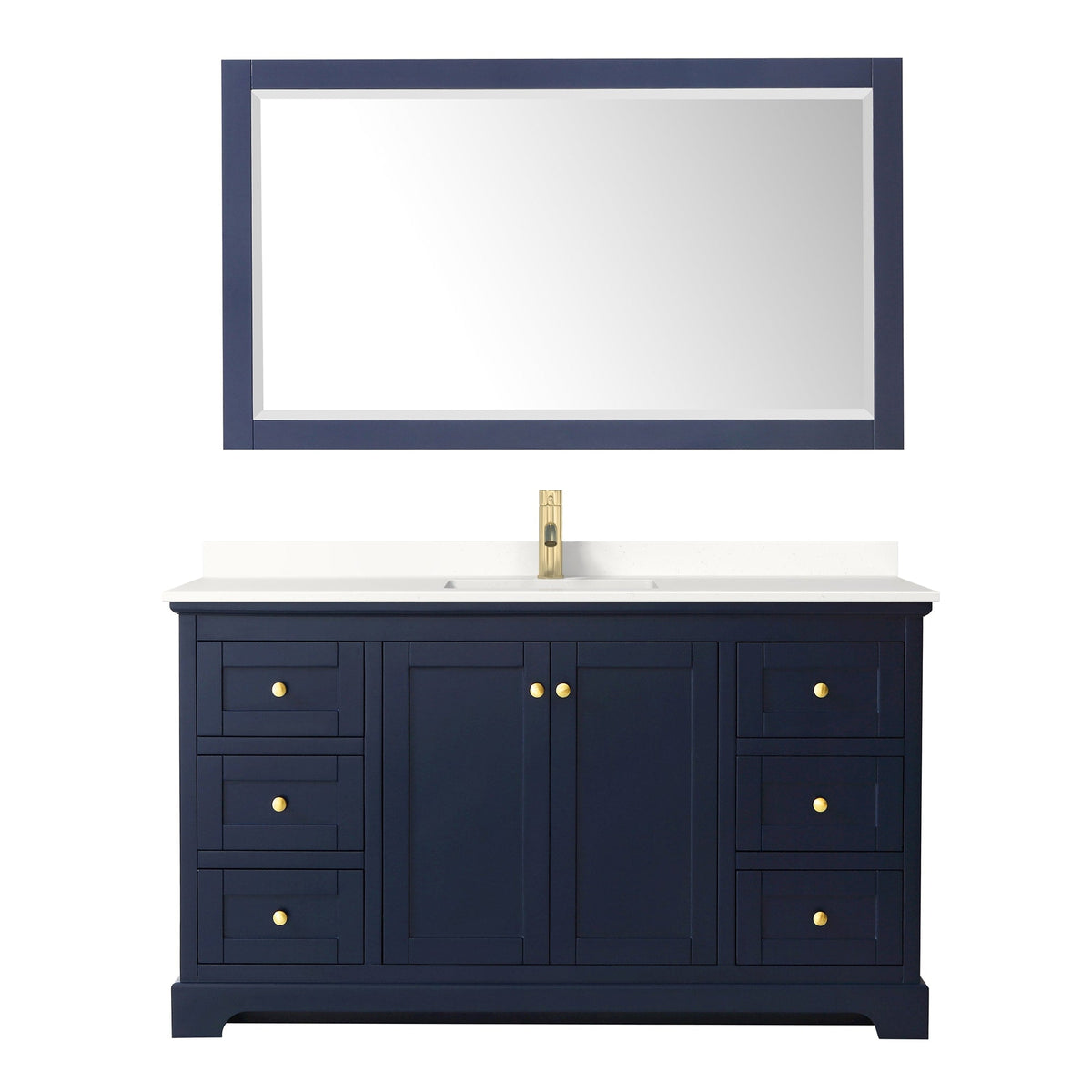 Wyndham Collection Avery 60" Single Bathroom Vanity in Dark Blue, White Quartz Countertop, Undermount Square Sink (1-Hole), Brushed Gold Trim and 58" Mirror