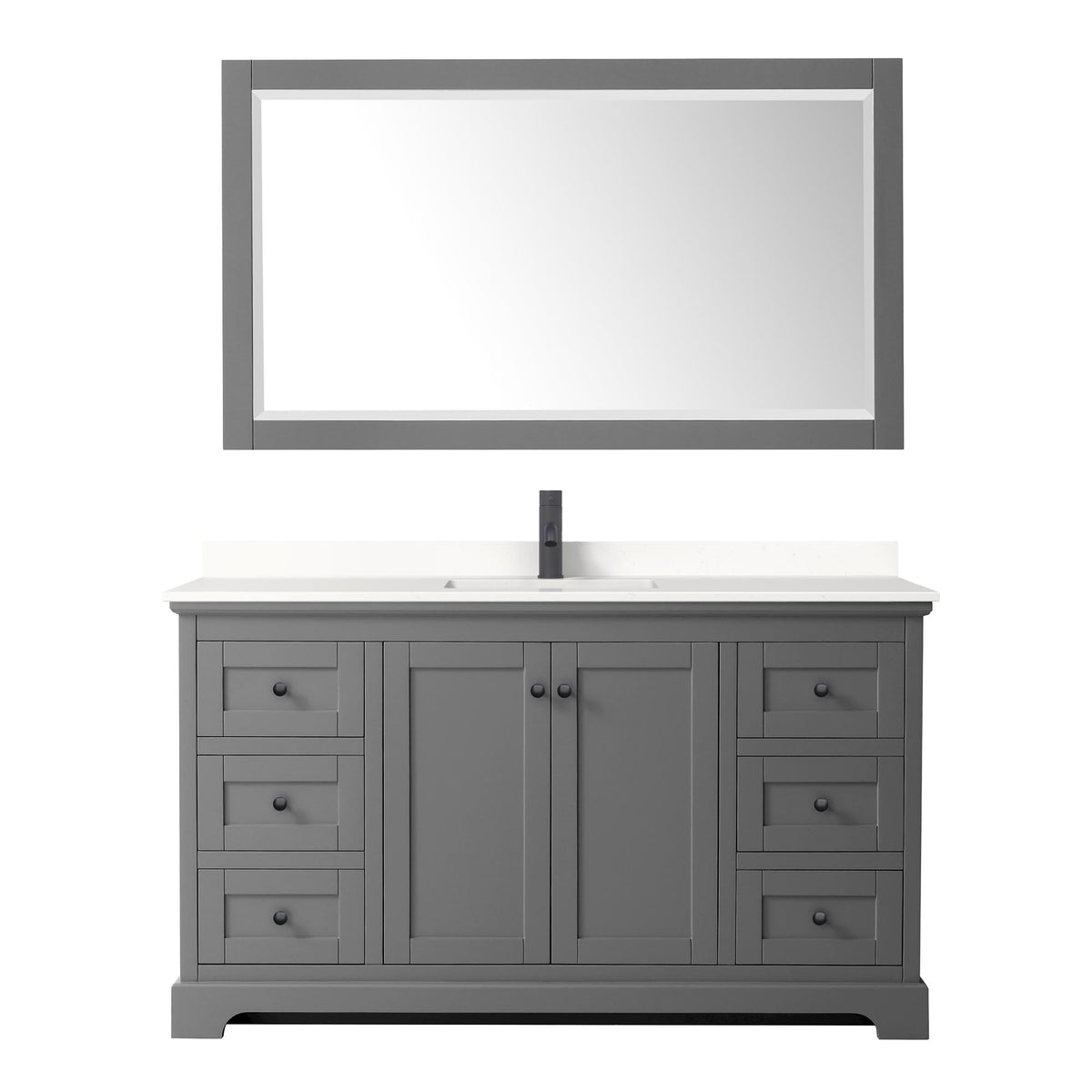 Wyndham Collection Avery 60" Single Bathroom Vanity in Dark Gray, White Quartz Countertop, Undermount Square Sink (1-Hole), Matte Black Trim and 58" Mirror