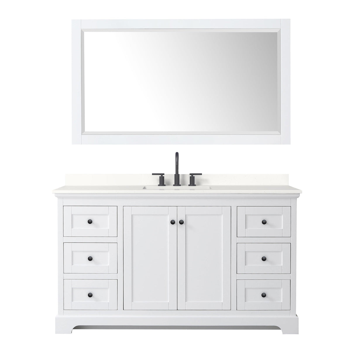 Wyndham Collection Avery 60" Single Bathroom Vanity in White, White Quartz Countertop, Undermount Square Sink (3-Hole), Matte Black Trim and 58" Mirror