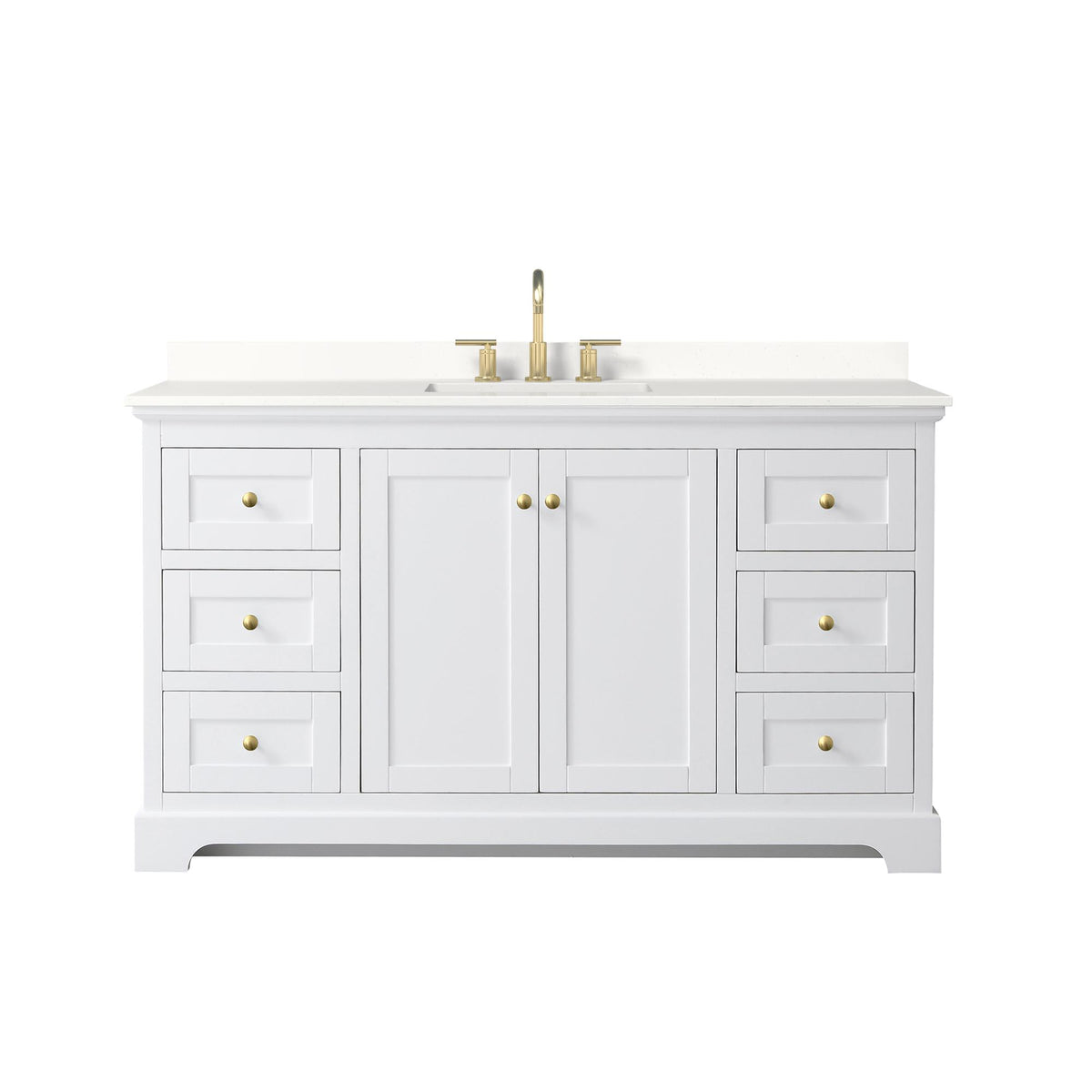 Wyndham Collection Avery 60" Single Bathroom Vanity in White, White Quartz Countertop, Undermount Square Sink (3-Hole), Brushed Gold Trim
