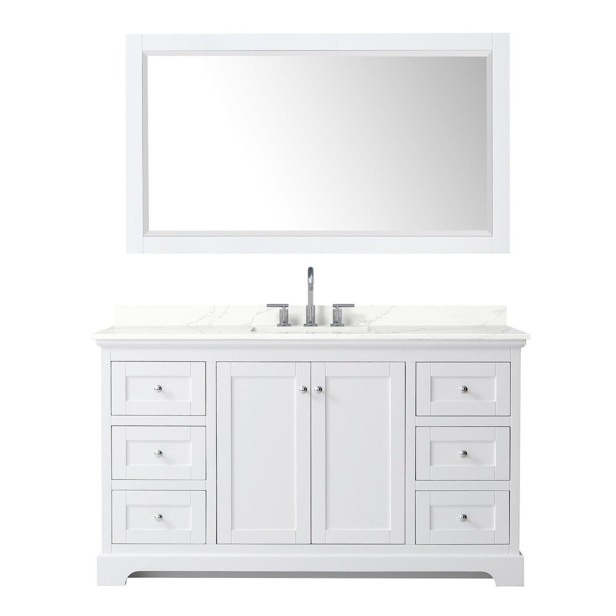 Wyndham Collection Avery 60" Single Bathroom Vanity in White, Giotto Quartz Countertop, Undermount Square Sink (3-Hole), Polished Chrome Trim and 58" Mirror