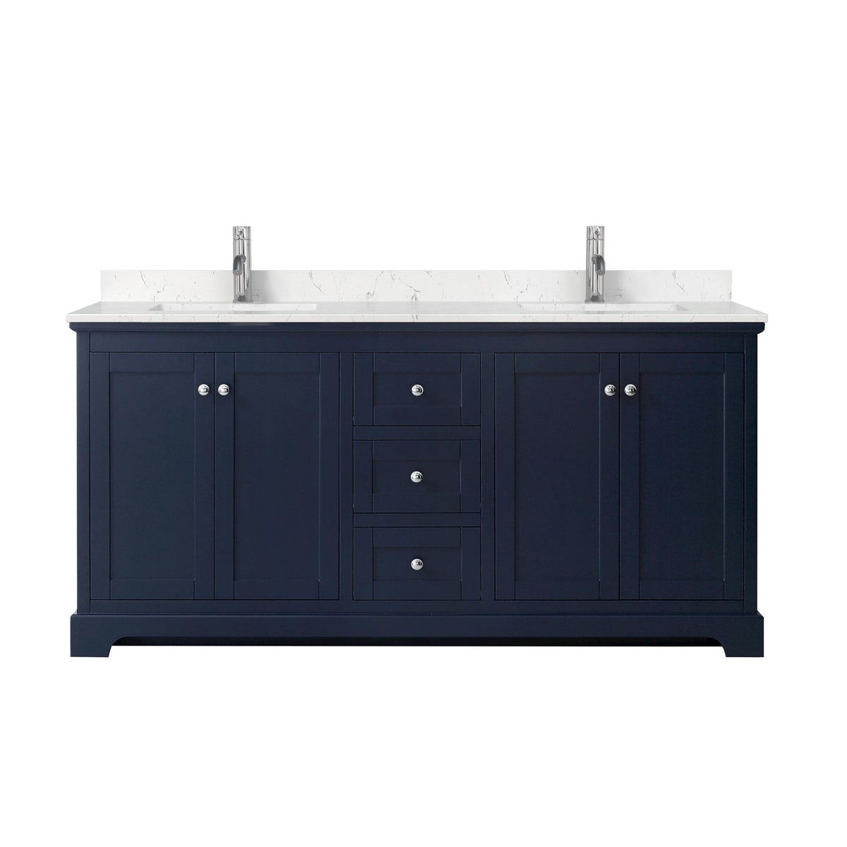 Wyndham Collection Avery 72" Double Bathroom Vanity in Dark Blue, Carrara Cultured Marble Countertop, Undermount Square Sinks (1-Hole), Polished Chrome Trim