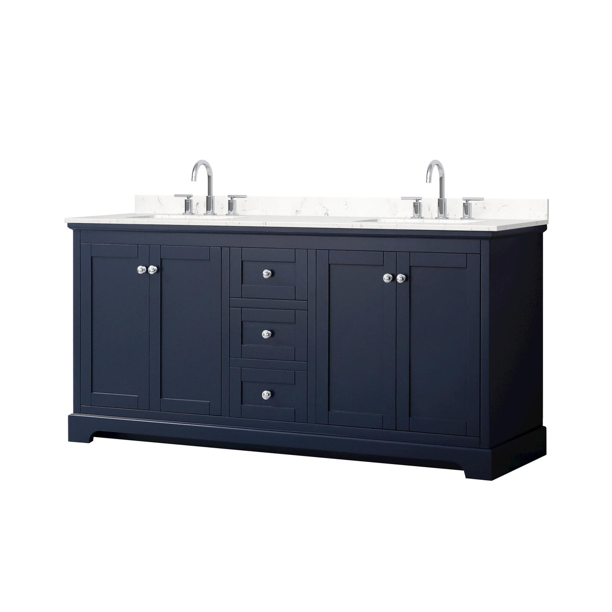 Wyndham Collection Avery 72" Double Bathroom Vanity in Dark Blue, Carrara Cultured Marble Countertop, Undermount Square Sinks (3-Hole), Polished Chrome Trim
