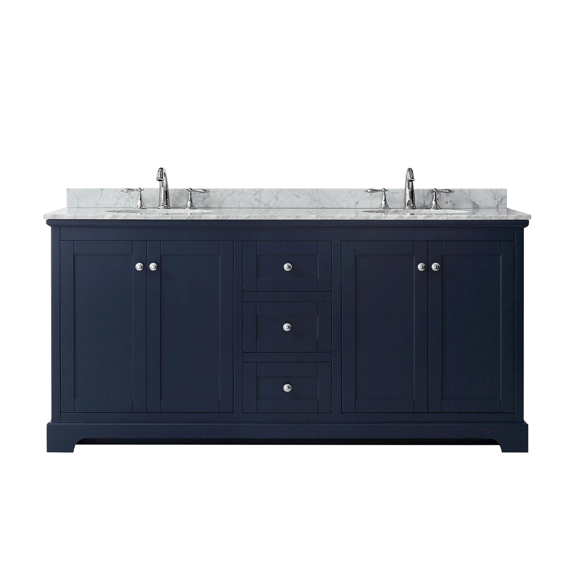 Wyndham Collection Avery 72" Double Bathroom Vanity in Dark Blue, White Carrara Marble Countertop, Undermount Oval Sinks (3-Hole), Polished Chrome Trim