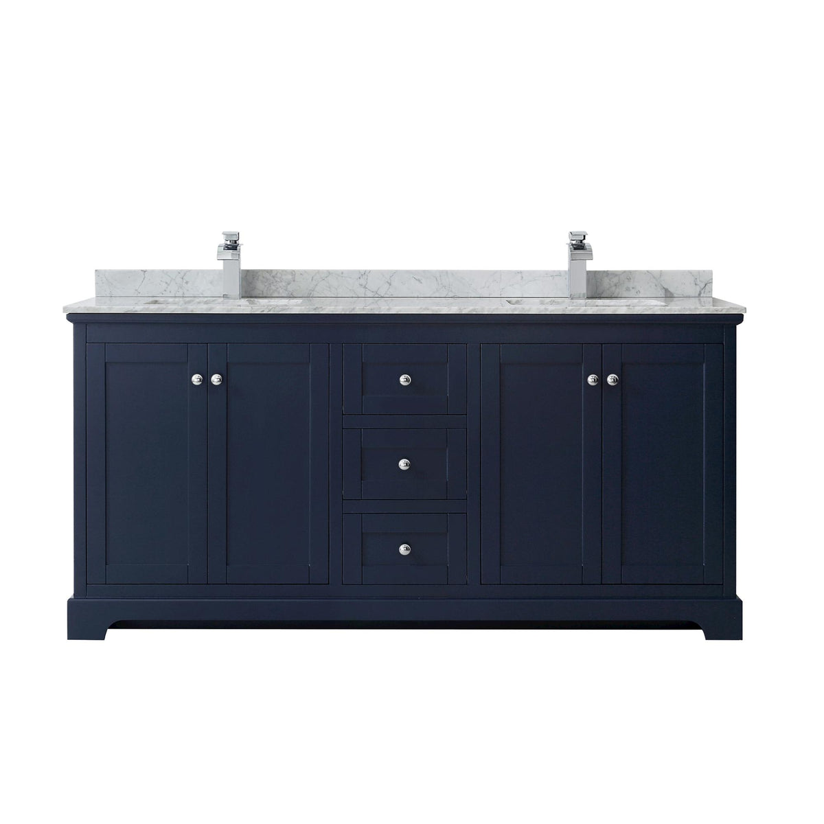Wyndham Collection Avery 72" Double Bathroom Vanity in Dark Blue, White Carrara Marble Countertop, Undermount Square Sinks (1-Hole), Polished Chrome Trim
