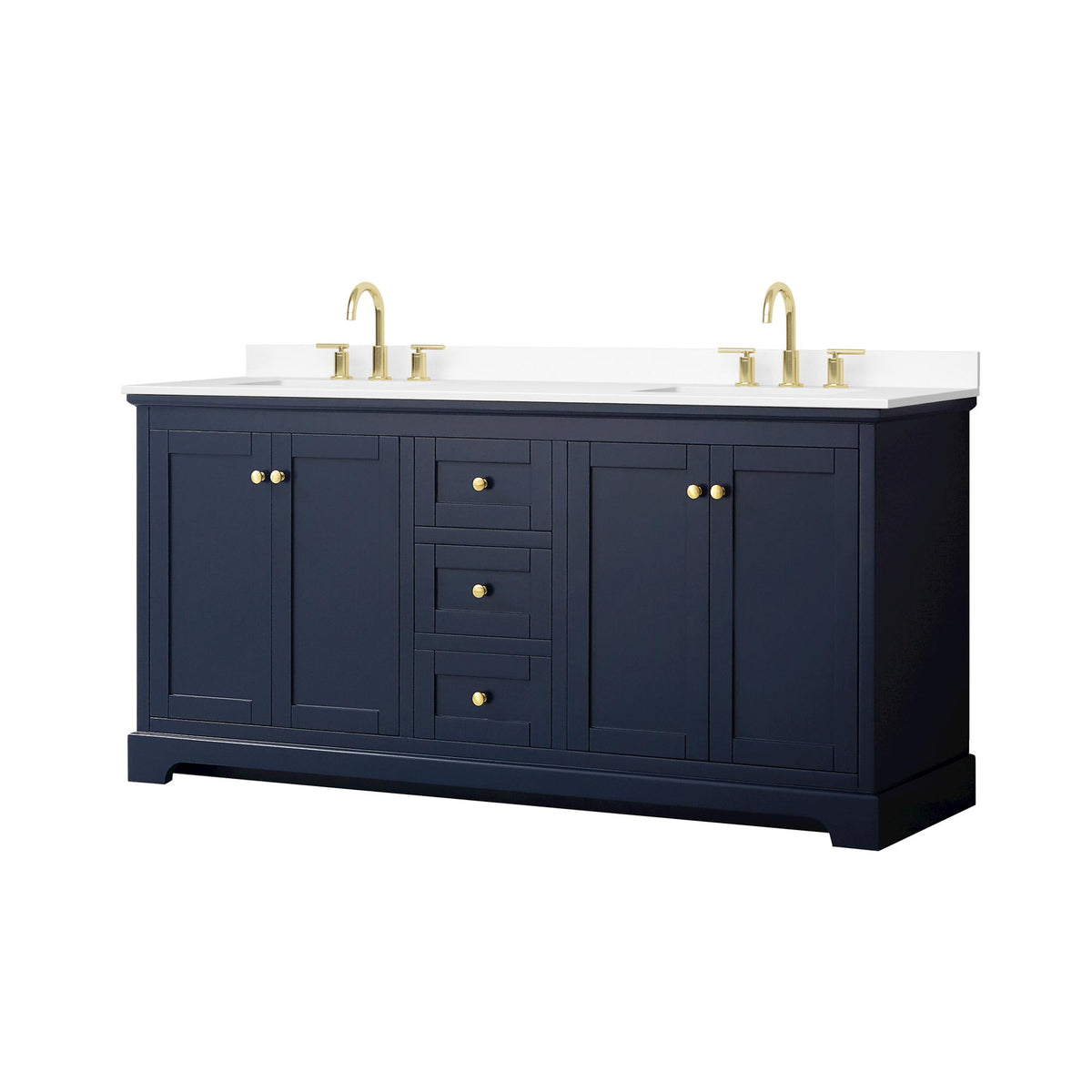 Wyndham Collection Avery 72" Double Bathroom Vanity in Dark Blue, White Cultured Marble Countertop, Undermount Square Sinks (3-Hole), Brushed Gold Trim