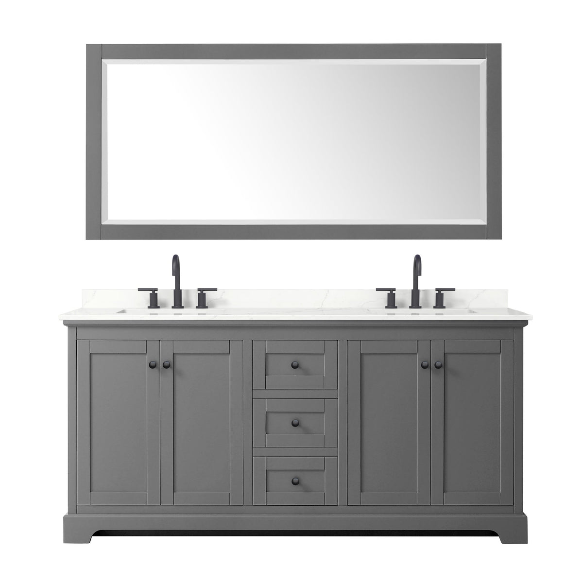 Wyndham Collection Avery 72" Double Bathroom Vanity in Dark Gray, Giotto Quartz Countertop, Undermount Square Sinks (3-Hole), Matte Black Trim and 70" Mirror