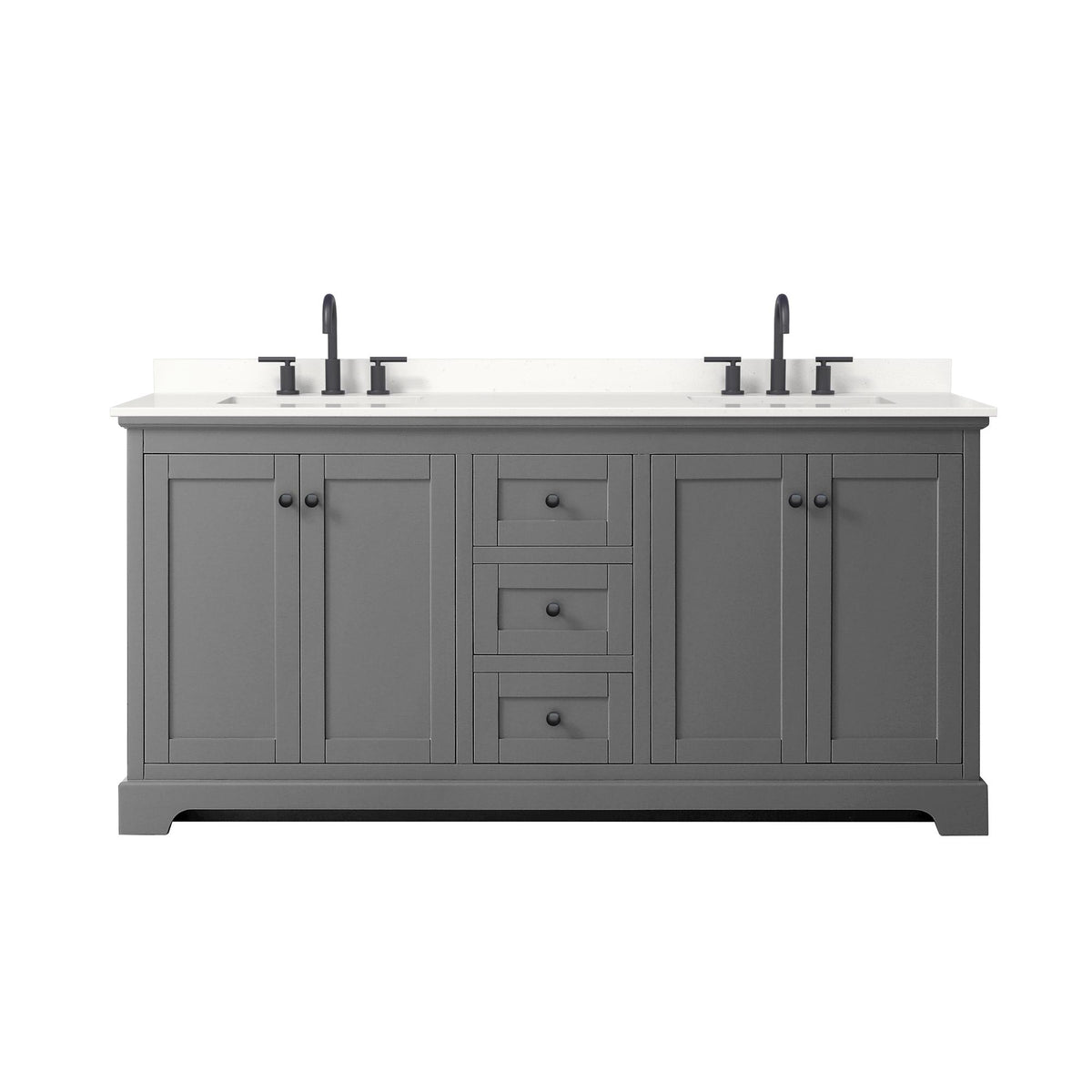 Wyndham Collection Avery 72" Double Bathroom Vanity in Dark Gray, White Quartz Countertop, Undermount Square Sinks (3-Hole), Matte Black Trim