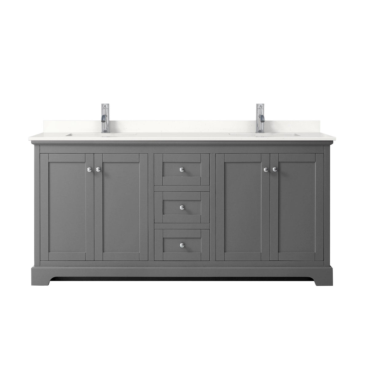 Wyndham Collection Avery 72" Double Bathroom Vanity in Dark Gray, White Quartz Countertop, Undermount Square Sinks (1-Hole), Polished Chrome Trim