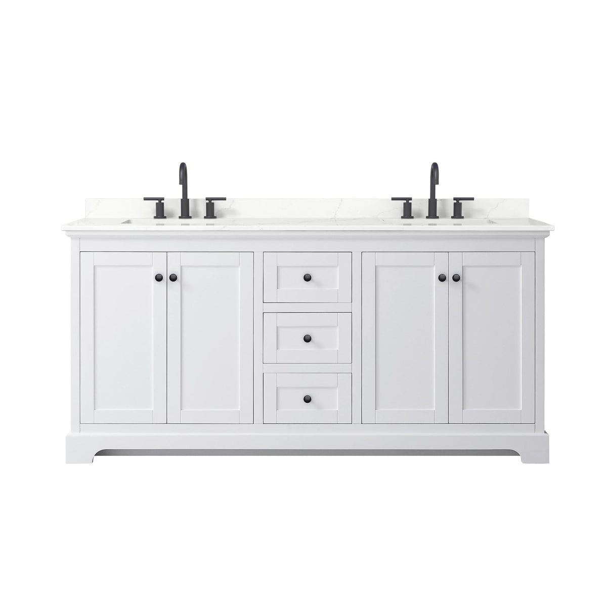 Wyndham Collection Avery 72" Double Bathroom Vanity in White, Giotto Quartz Countertop, Undermount Square Sinks (3-Hole), Matte Black Trim
