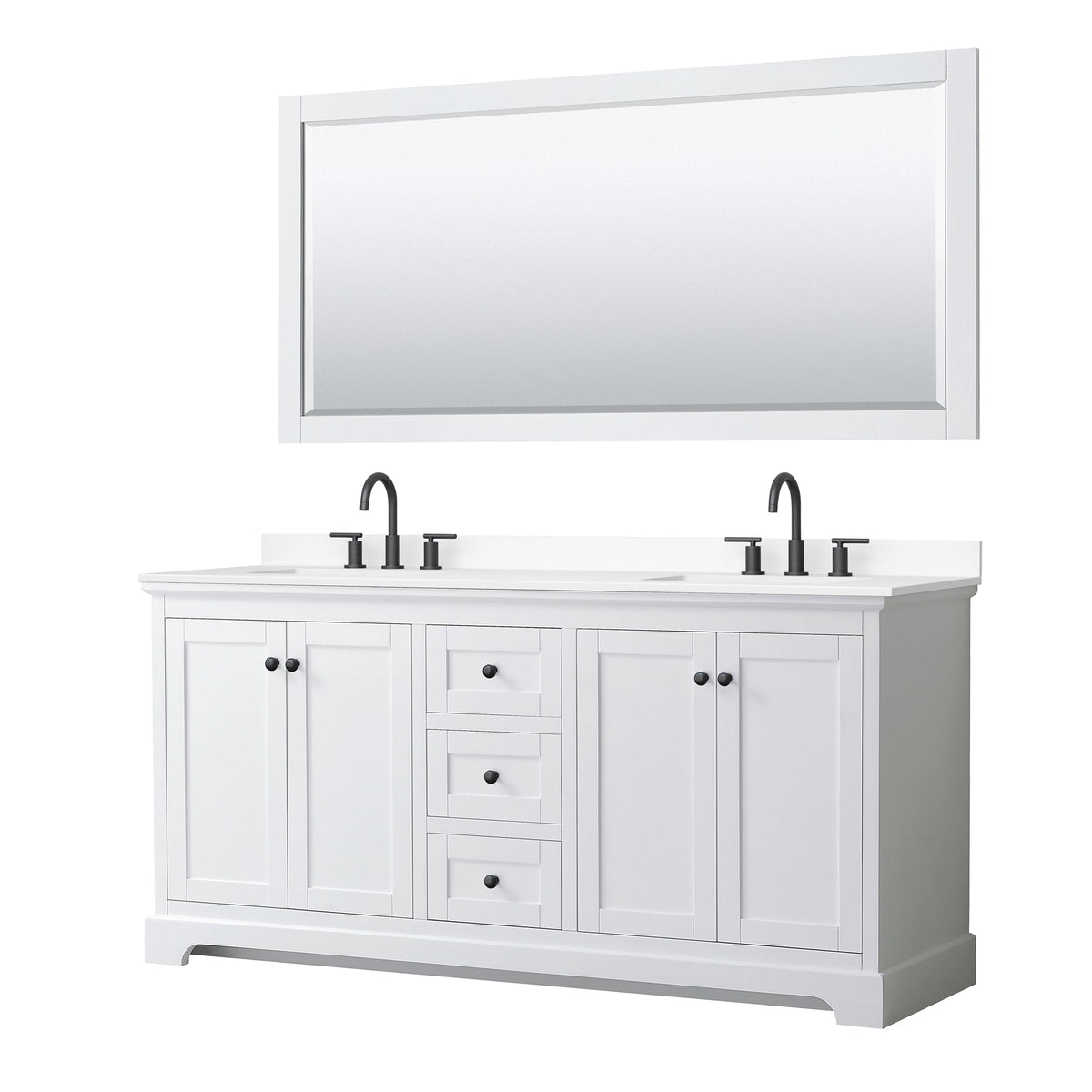 Wyndham Collection Avery 72" Double Bathroom Vanity in White, White Cultured Marble Countertop, Undermount Square Sinks (3-Hole), Matte Black Trim and 70" Mirror