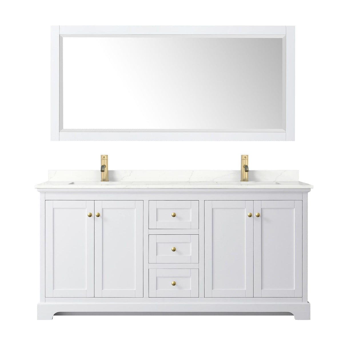 Wyndham Collection Avery 72" Double Bathroom Vanity in White, Giotto Quartz Countertop, Undermount Square Sinks (1-Hole), Brushed Gold Trim and 70" Mirror