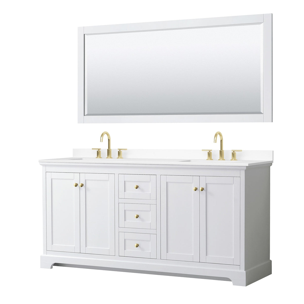 Wyndham Collection Avery 72" Double Bathroom Vanity in White, White Cultured Marble Countertop, Undermount Square Sinks (3-Hole), 70" Mirror, Brushed Gold Trim