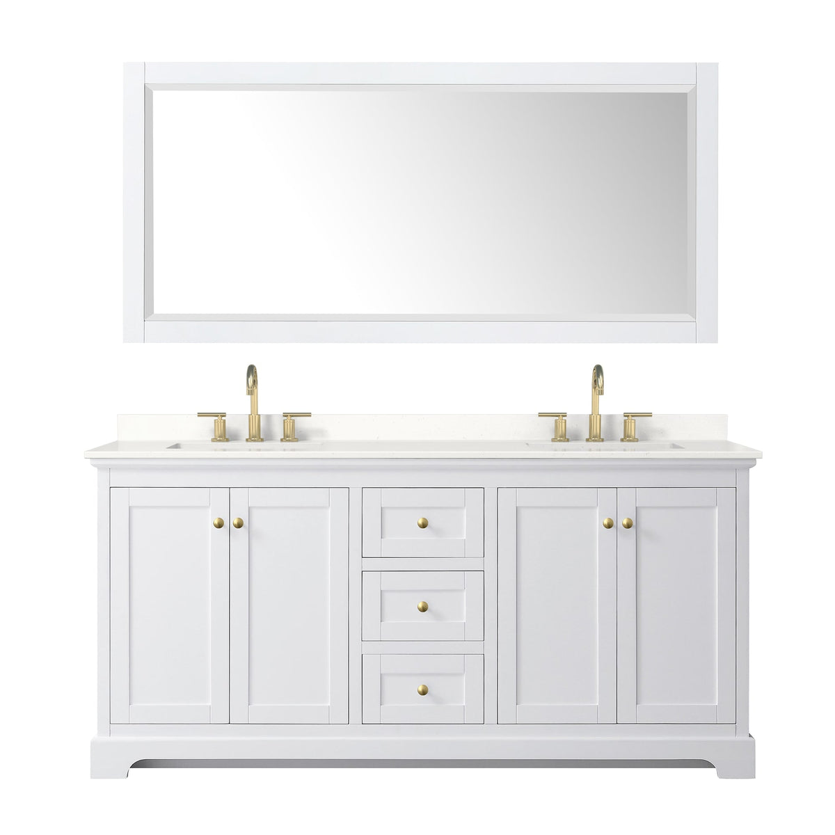 Wyndham Collection Avery 72" Double Bathroom Vanity in White, White Quartz Countertop, Undermount Square Sinks (3-Hole), Brushed Gold Trim and 70" Mirror