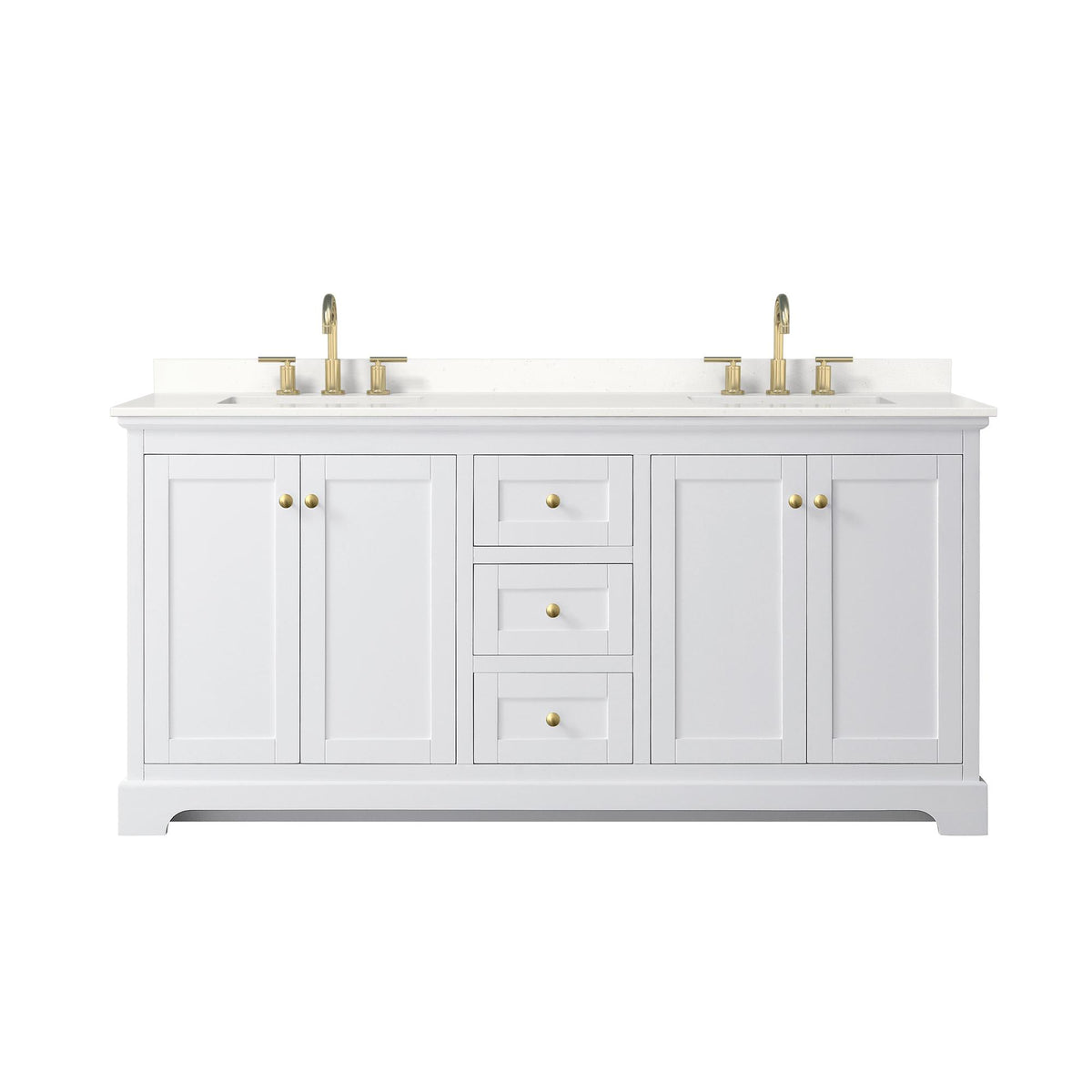 Wyndham Collection Avery 72" Double Bathroom Vanity in White, White Quartz Countertop, Undermount Square Sinks (3-Hole), Brushed Gold Trim