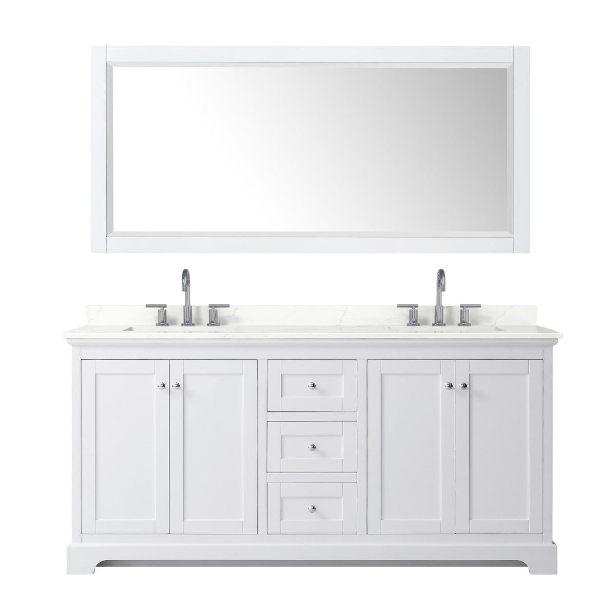 Wyndham Collection Avery 72" Double Bathroom Vanity in White, Giotto Quartz Countertop, Undermount Square Sinks (3-Hole), Polished Chrome Trim and 70" Mirror