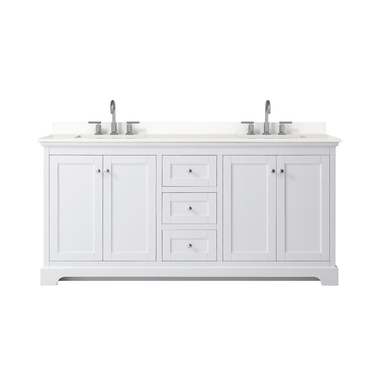 Wyndham Collection Avery 72" Double Bathroom Vanity in White, White Quartz Countertop, Undermount Square Sinks (3-Hole), Polished Chrome Trim